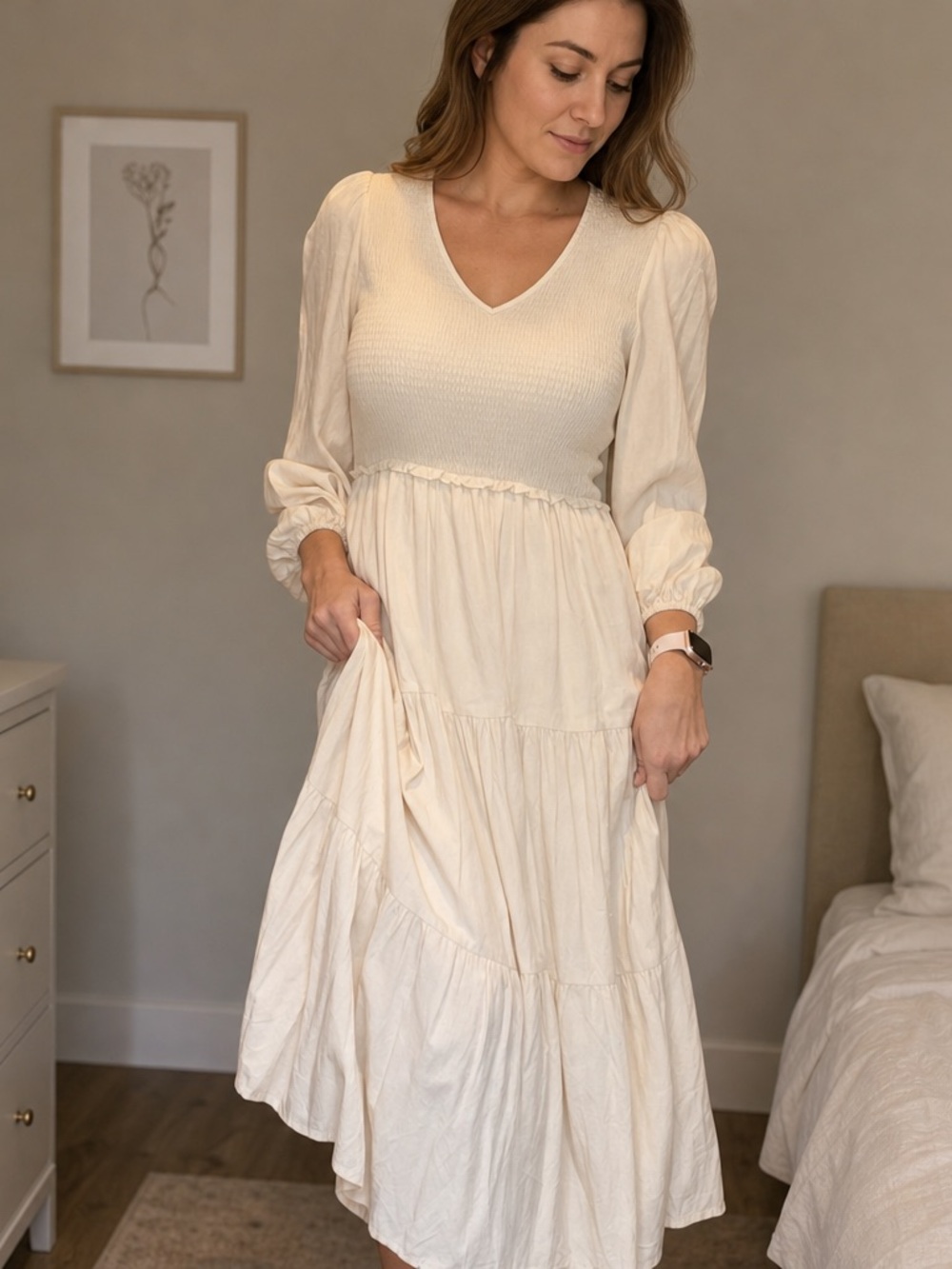 bohme Cream V-Neck Smocked Bodice Tiered Maxi Dress